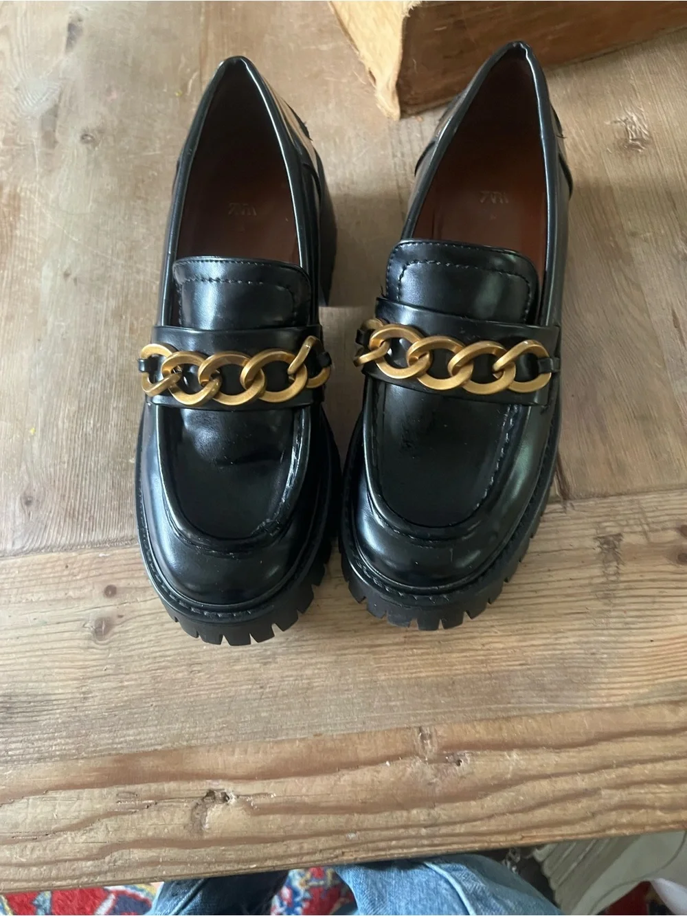 Zara woman’s Black Leather Loafers with Gold Chain
